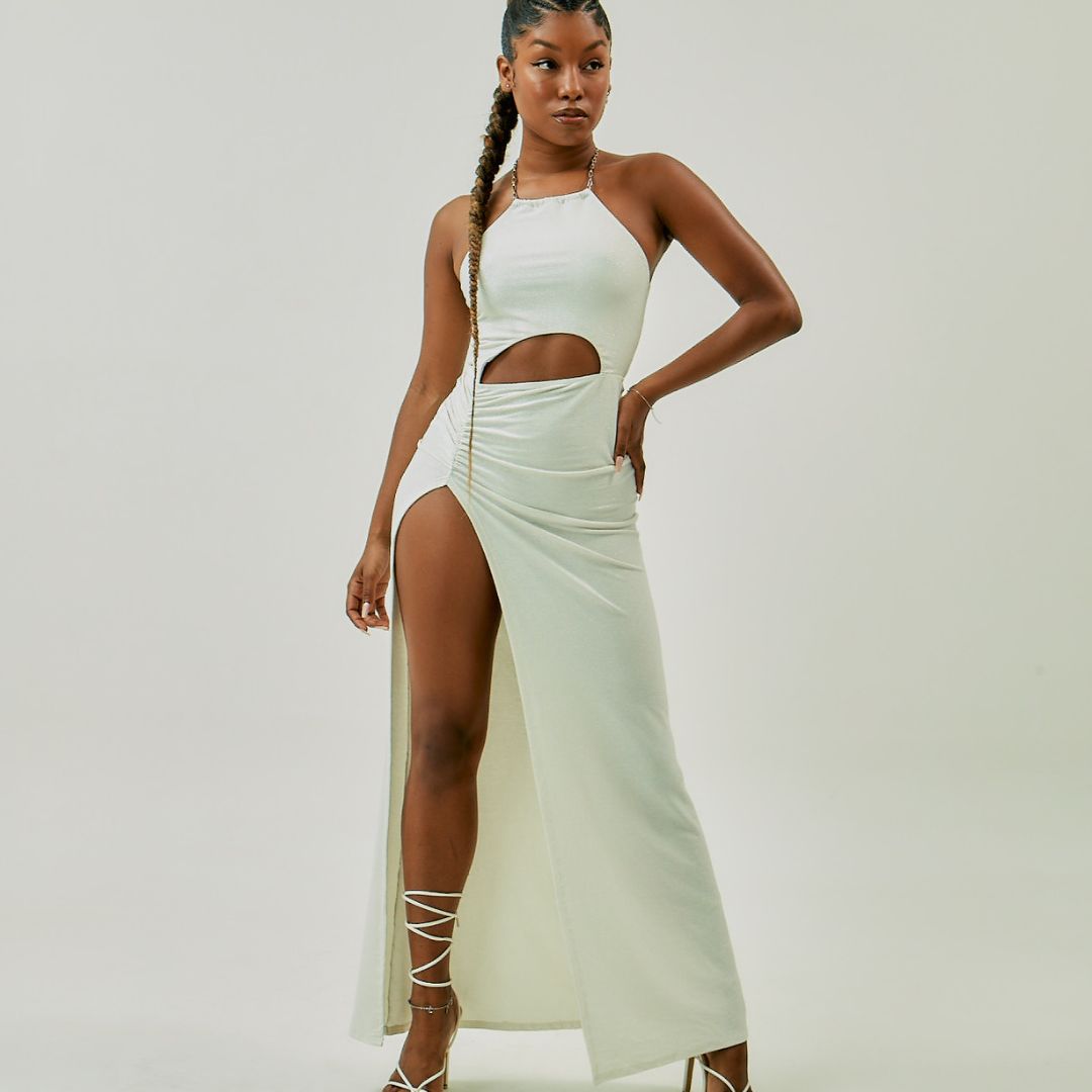 Vestido Longo Capri Branco com fios  Prata